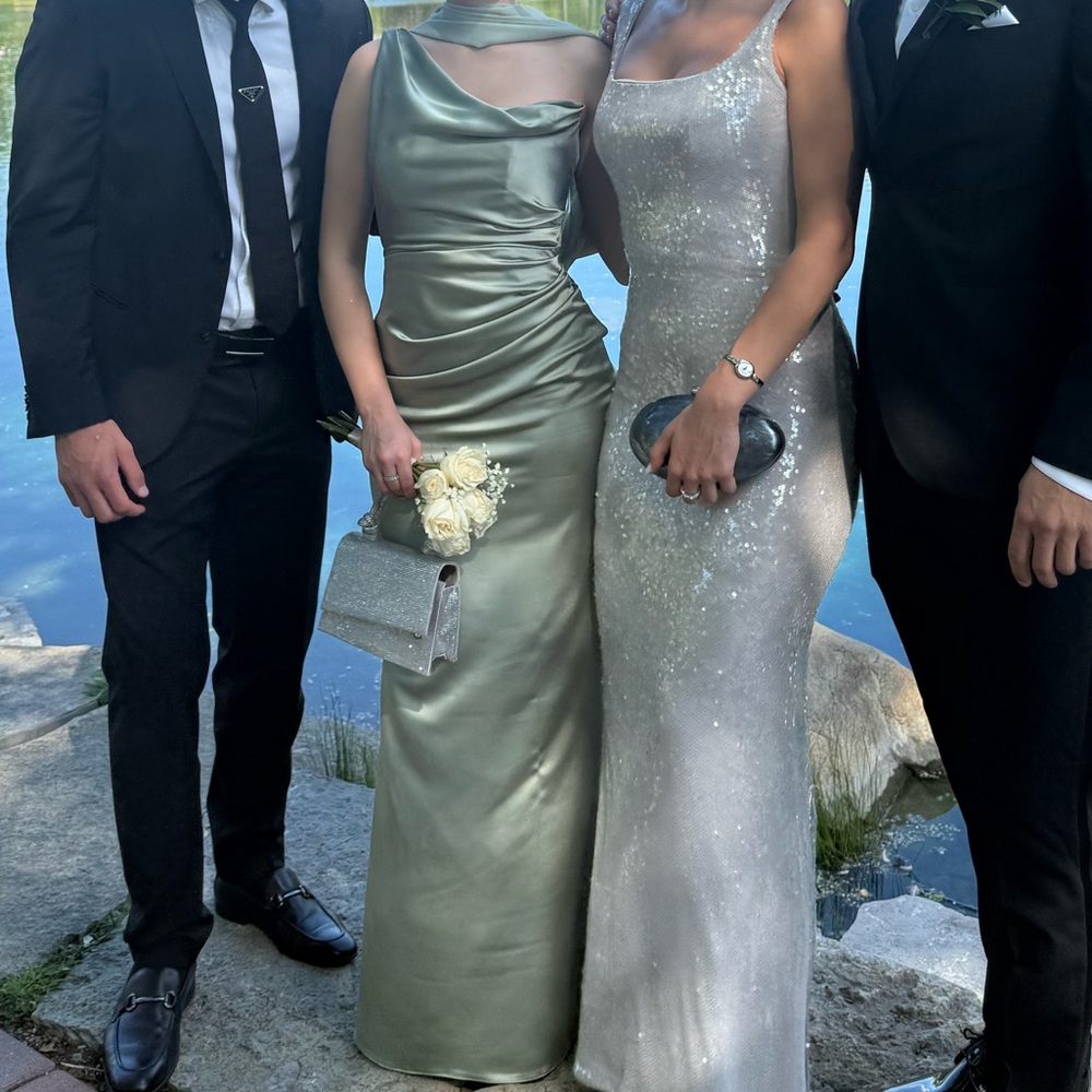 Satin Sage Green Cowl Neck Dress